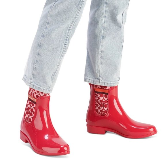 Coach Rivington Red Candy Apple Rain Booties Ankle Short Boots Shoes New - Picture 1 of 5